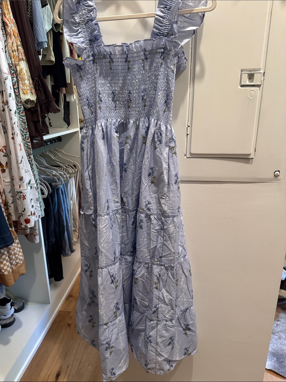 Smocked Lavender Floral Midi Dress with Ruffle Straps